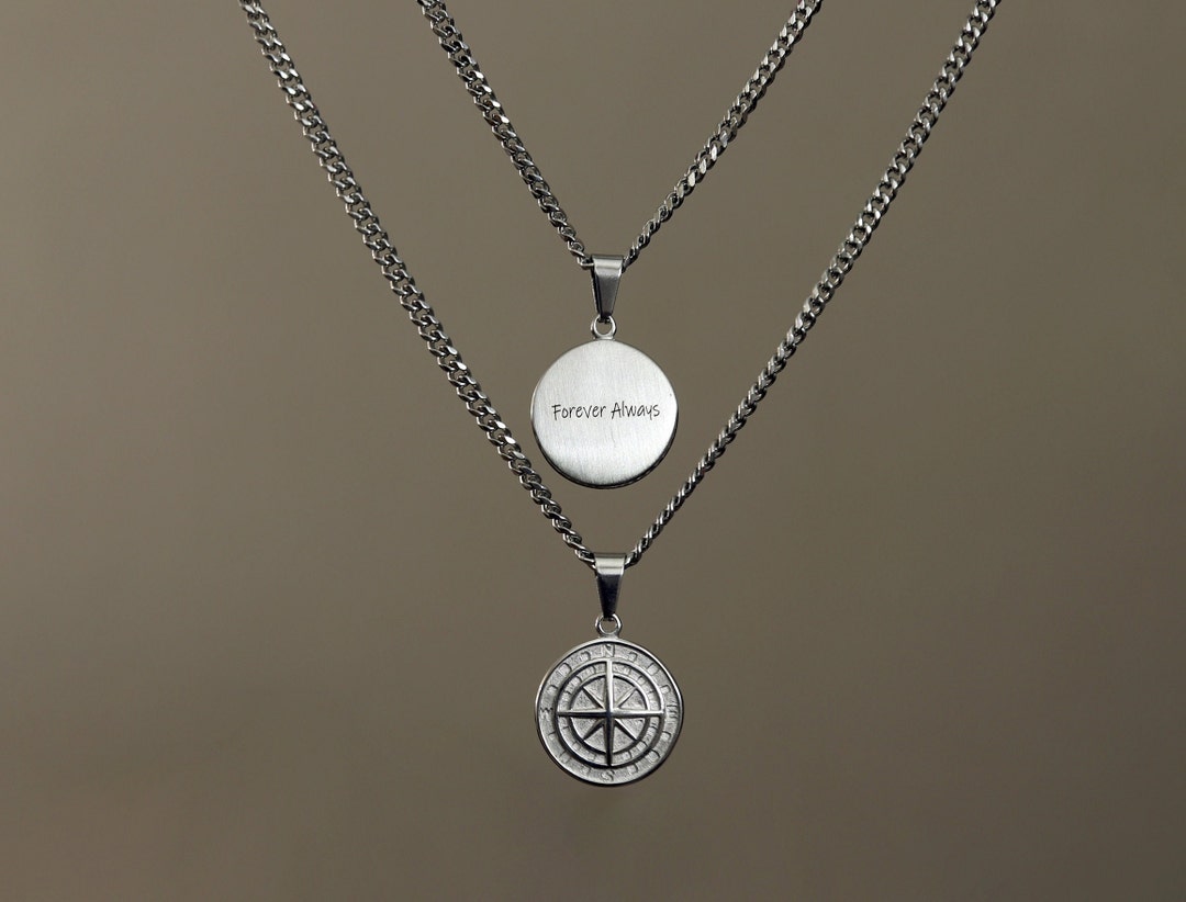 Mens Personalized Necklace, Men's Compass Pendant Necklace, Men Silver ...