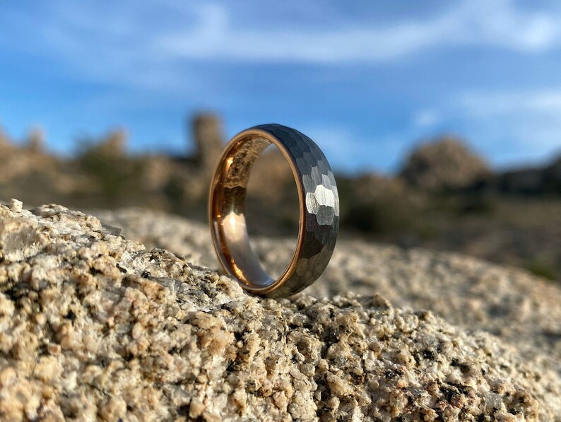 Hammered Tungsten Wedding Band, Hammered Wedding Ring, Mens Wedding Band, 6mm Silver with Rose Gold Band, Male Ring, Unique Wedding Band image 3