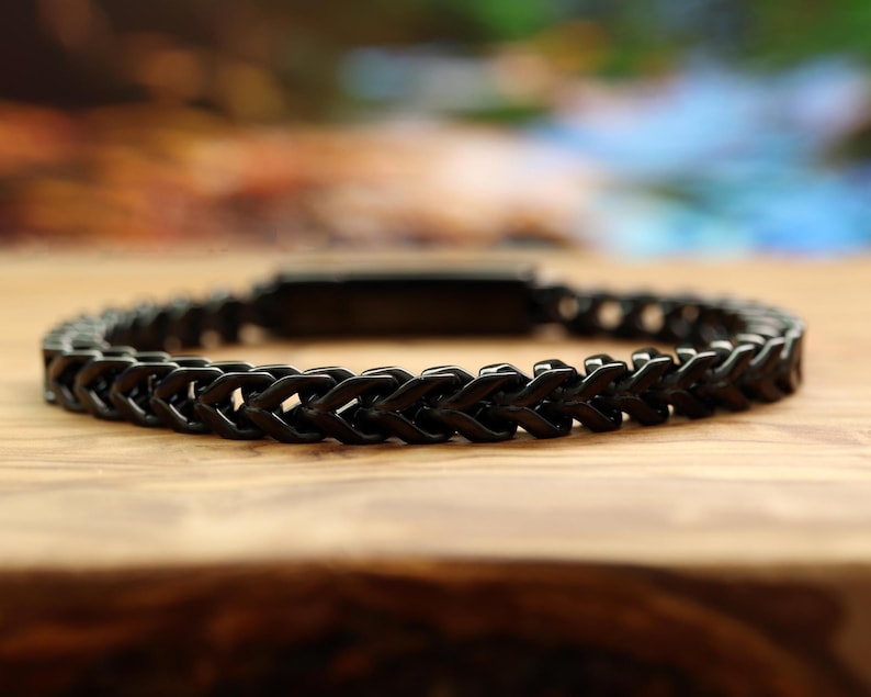 Pulsera personalizada, pulsera de cadena, pulsera para hombre, pulsera personalizada, pulsera con nombre, pulsera grabada, regalo para él, joyería de verano Black