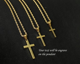 Personalized Gold Cross Necklace Men: Engraved Stainless Steel Rope Chain