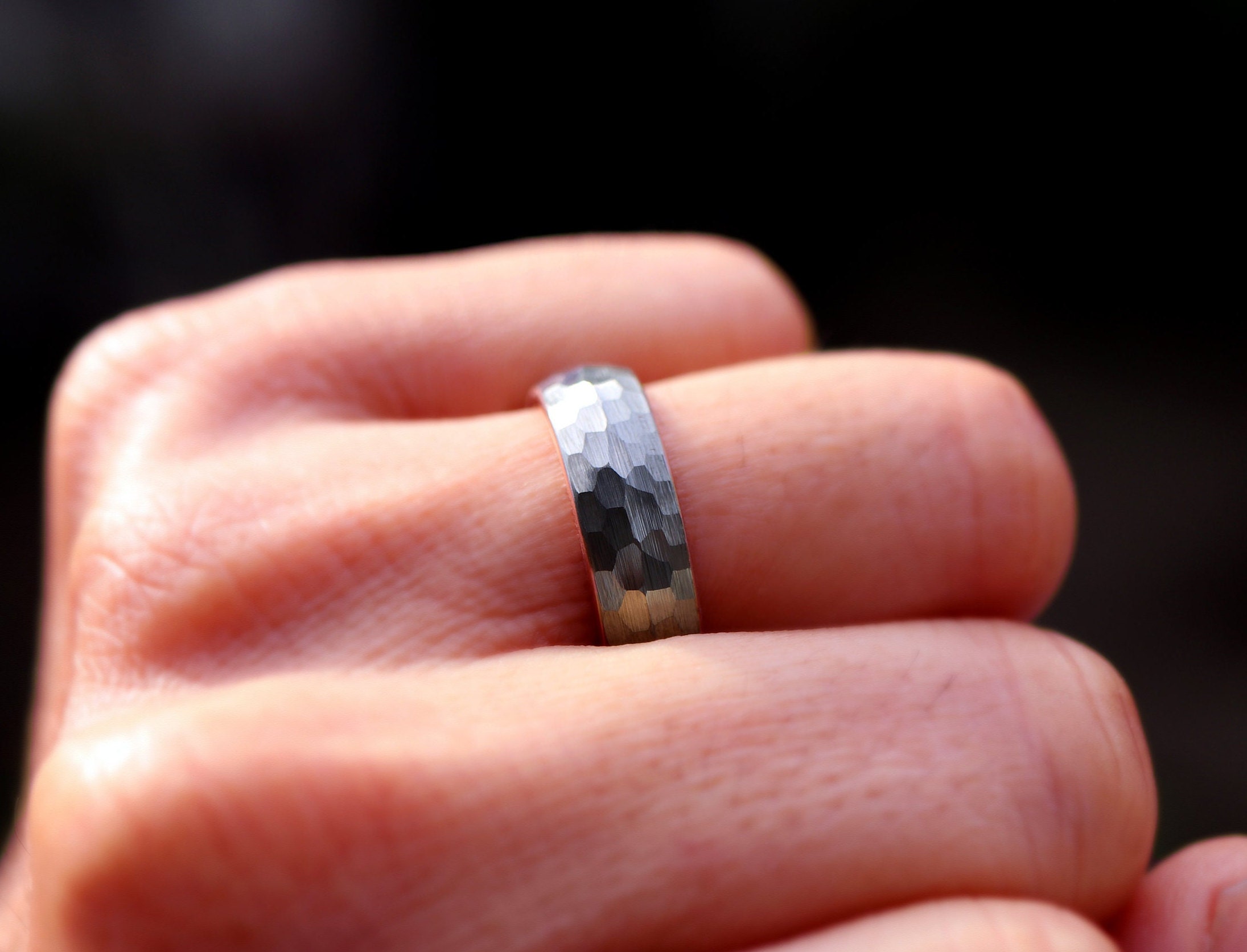 Hammered Tungsten Wedding Band, Brushed Silver Ring, Engraved Mens Ring