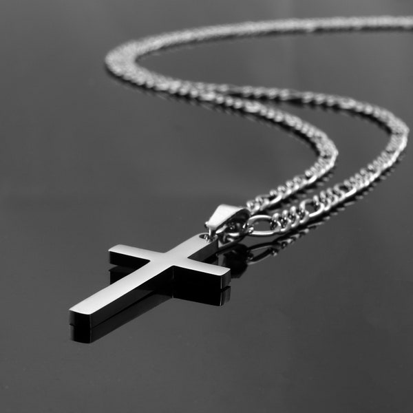 Silver Cross Necklace for Men, Gold Cross Necklaces for Men, Silver Gold Cross Pendant with Figaro Link Chain Necklace 18”-24”