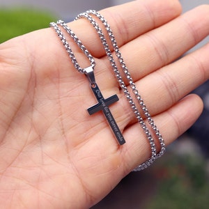 Personalized Cross Necklace Men Custom Engraved Pendant Boys Cross Necklace Baptism Gift for Kids Silver Cross Necklace Waterproof Necklace