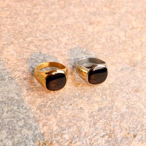 May include: Two signet rings featuring a smooth, polished finish. One ring is crafted from gold-toned metal, while the other is made from silver-toned metal. Both rings are centered with a flat, dark, opaque black stone inlay on the face.