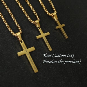 May include: Three gold chain necklaces with cross pendants. The cross pendants are engraved with the text "Our love for you never ends", "Isaiah 41:10", and "Your Custom text Here(on the pendant)".