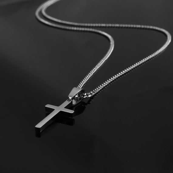 Stainless Steel Small Cross Necklace Black String