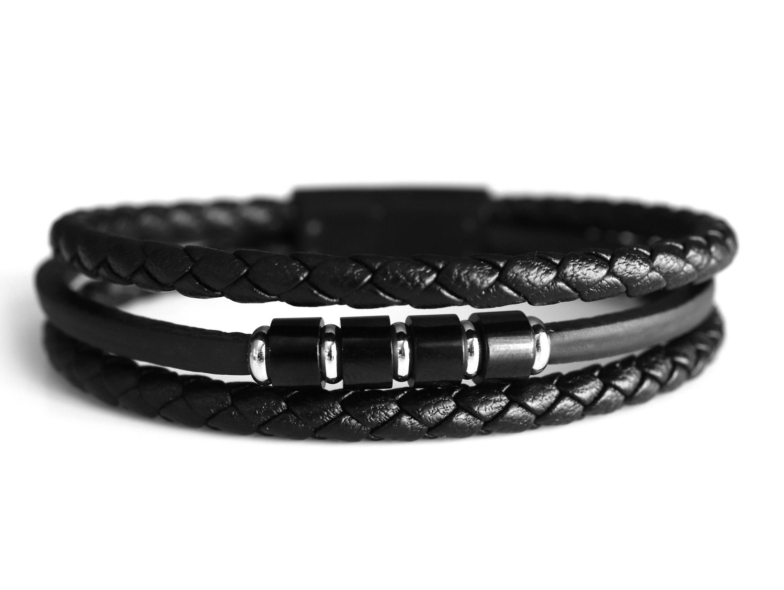Mens Leather Bracelet Black Leather Bracelet Men Leather Etsy