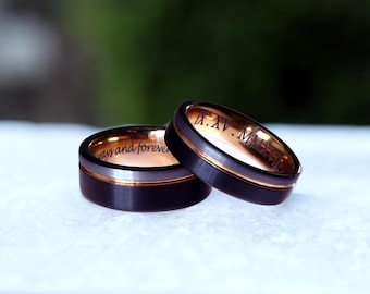 Engraved Black Brushed Tungsten Ring, Rose Gold Accent, Comfort Fit