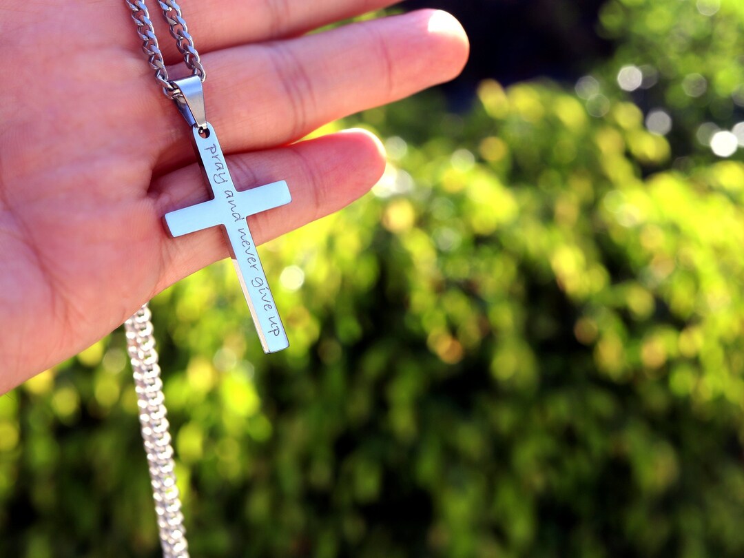 Mens Cross Necklace, Personalized Necklace, Engraved Necklace, Silver