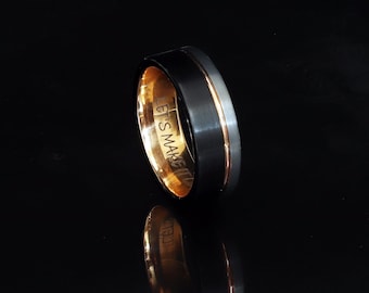 Brushed Tungsten Ring, Black & Silver, Rose Gold Accent, Engraved Wedding Band