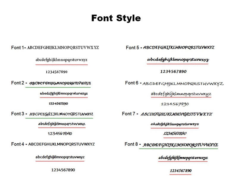 May include: A black text chart titled Font Style displaying eight distinct font options. Each entry includes the font name, uppercase and lowercase alphabet letters, and the numbers 0 through 9, showcasing various typographic styles for selection.