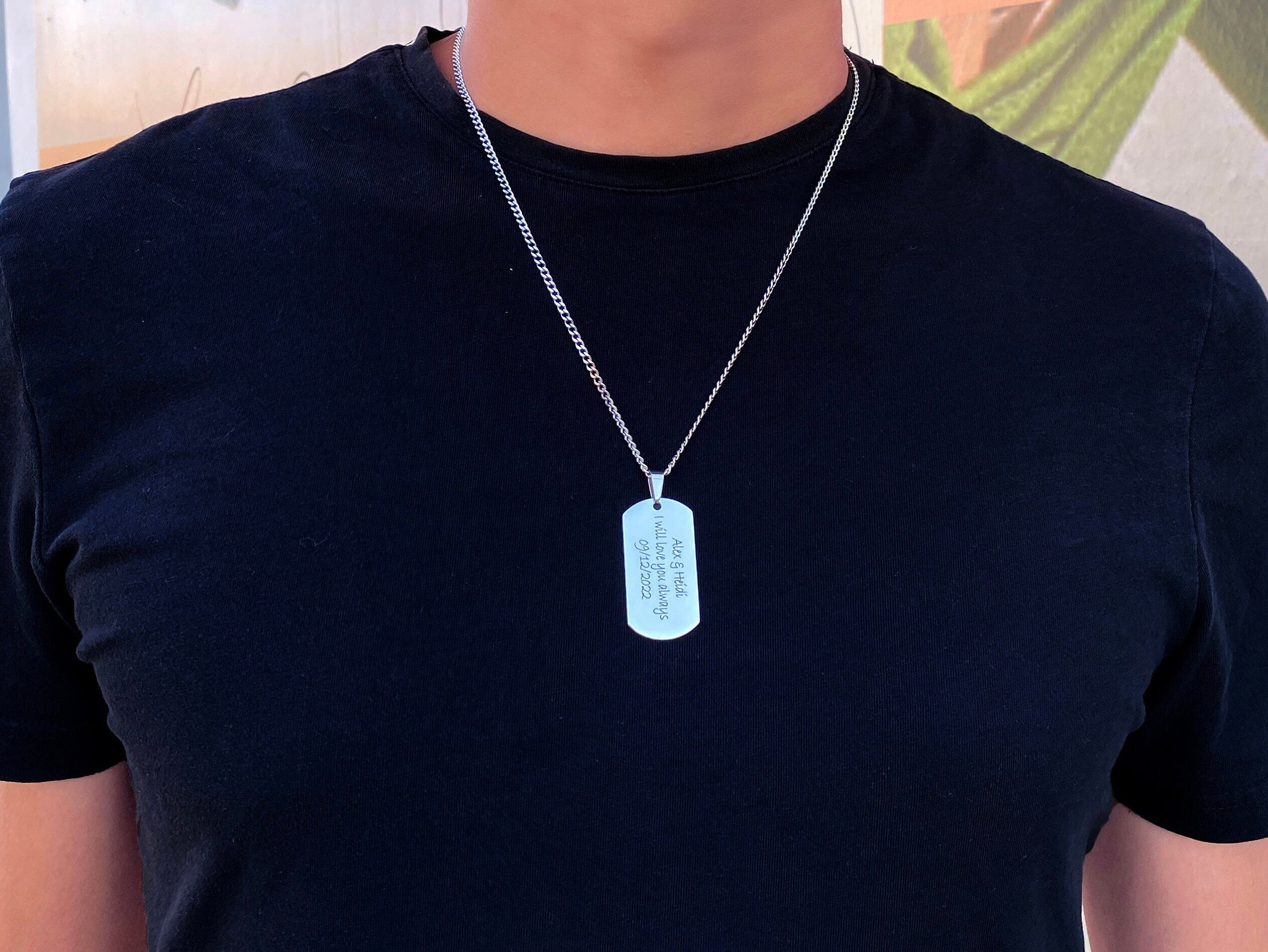 Men's Double Sterling Silver Raised Edge Dog Tag Necklace w/ Bead