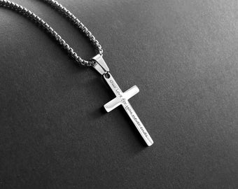 Silver Cross Necklace, Men's Cross Necklace, Personalized Necklace, Boys Cross Necklace, Engraved Cross Necklace, Waterproof Necklace