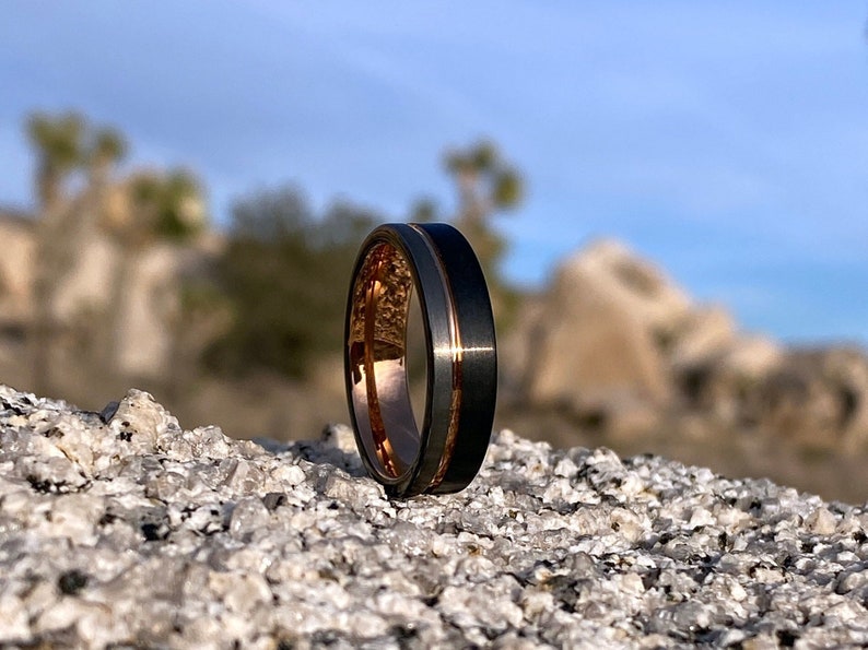 Men's Unique Wedding Band, Black & Silver Brushed Rose Gold Tungsten Ring, Mens Wedding Ring, Men Engagement Ring, Black Tungsten Ring image 1