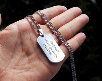 Personalized Stainless Steel Dog Tag Necklace, Engraved Mens Jewelry
