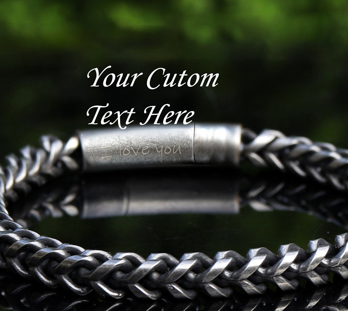 Personalized Antique Silver Mens Bracelet, Engraved Stainless Steel Chain