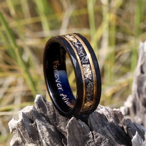 Personalized Black Tungsten Wedding Band, Meteorite Gold Leaf Inlay