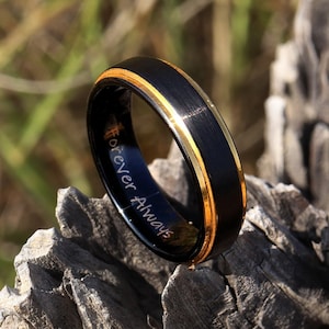 Men&#39;s Unique Wedding Band, Black & Gold Brushed Tungsten Ring, Mens Wedding Ring, Men Engagement Ring, Black Tungsten Ring