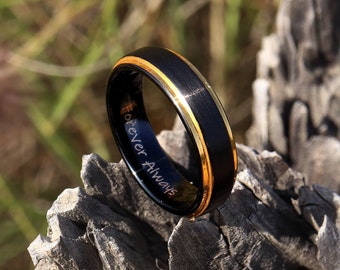Mens Black Brushed Tungsten Ring, Gold Accent Wedding Band