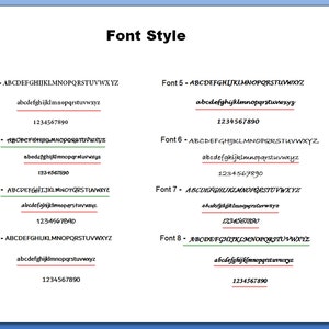 May include: A digital display titled Font Style featuring eight distinct black typeface options labeled Font 1 through Font 8. Each entry includes uppercase letters, lowercase letters, and the numbers 0 through 9, with some lines underlined in red or green.