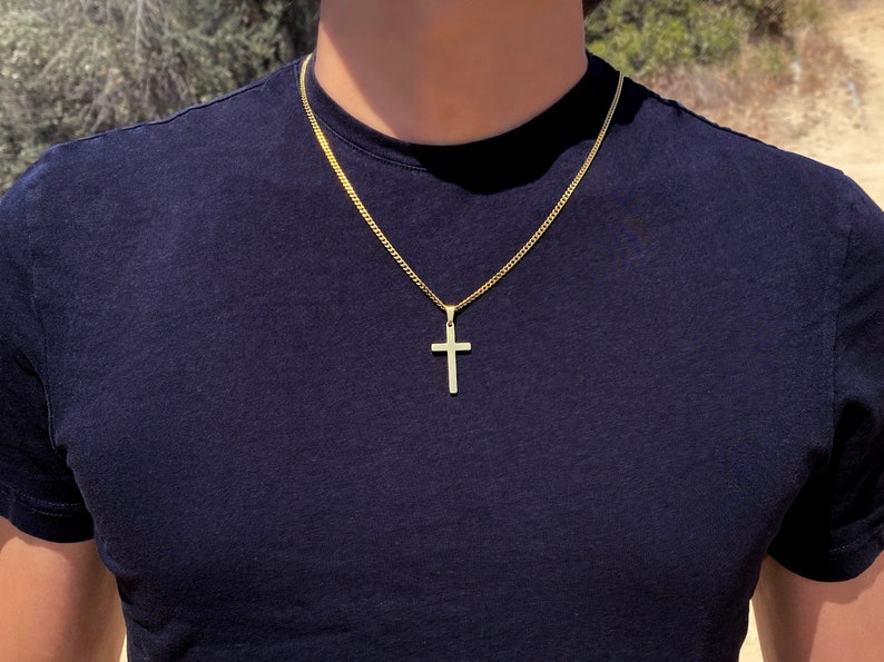 Men's Necklace, Gold Cross Necklace, Mens Gold Necklace, Cuban Chain Necklace for Men, Men Cross Necklace, Boys Necklaces, Mens gift image 1