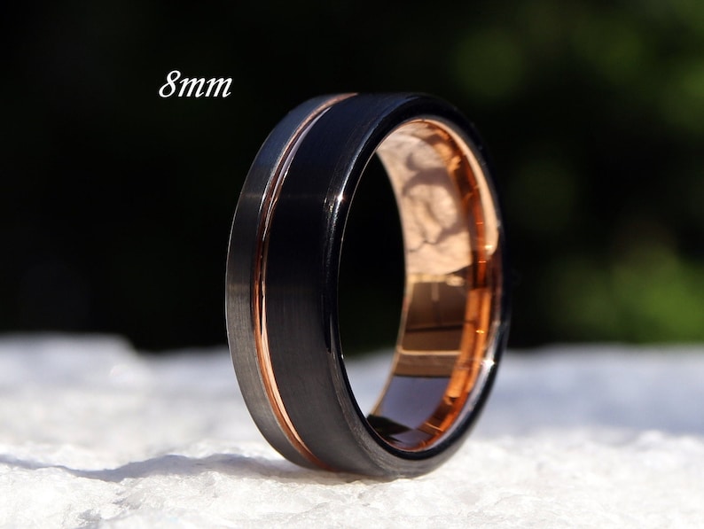 Men's Unique Wedding Band, Black & Silver Brushed Rose Gold Tungsten Ring, Mens Wedding Ring, Men Engagement Ring, Black Tungsten Ring image 5