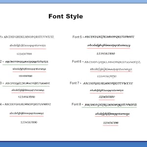 May include: A page with eight different font styles displayed. Each font style is labeled with a number and shows the alphabet in uppercase and lowercase, as well as the numbers 1234567890.
