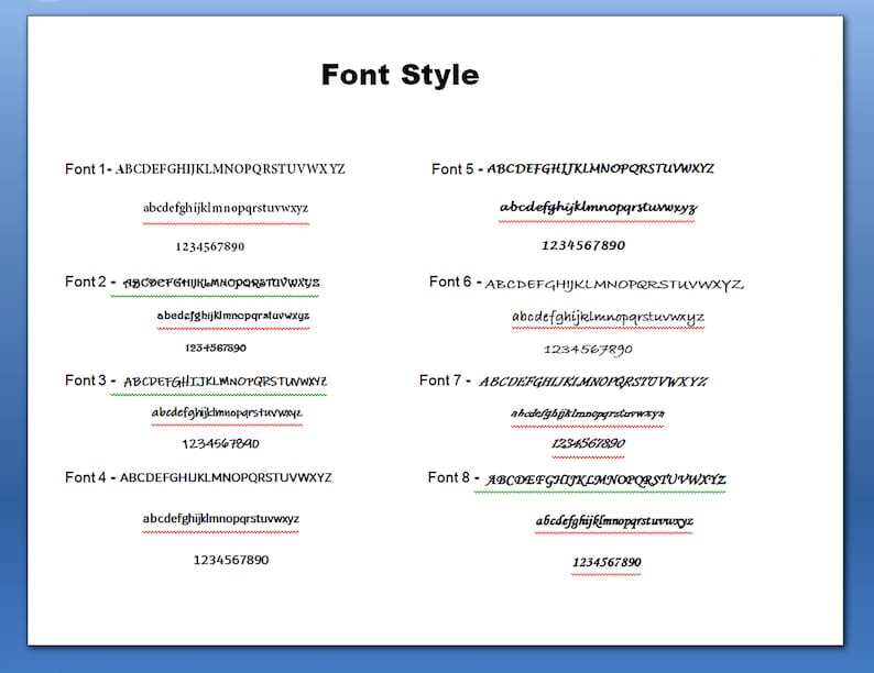 May include: A page with eight different font styles displayed. Each font style is labeled with a number and shows the alphabet in uppercase and lowercase, as well as the numbers 1234567890.