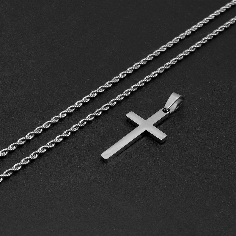 Men's Cross Necklace, Silver Cross Necklace for Men, Men Small Cross Necklace, Large Cross Necklace, Silver Cross Pendant with Rope Chain image 4