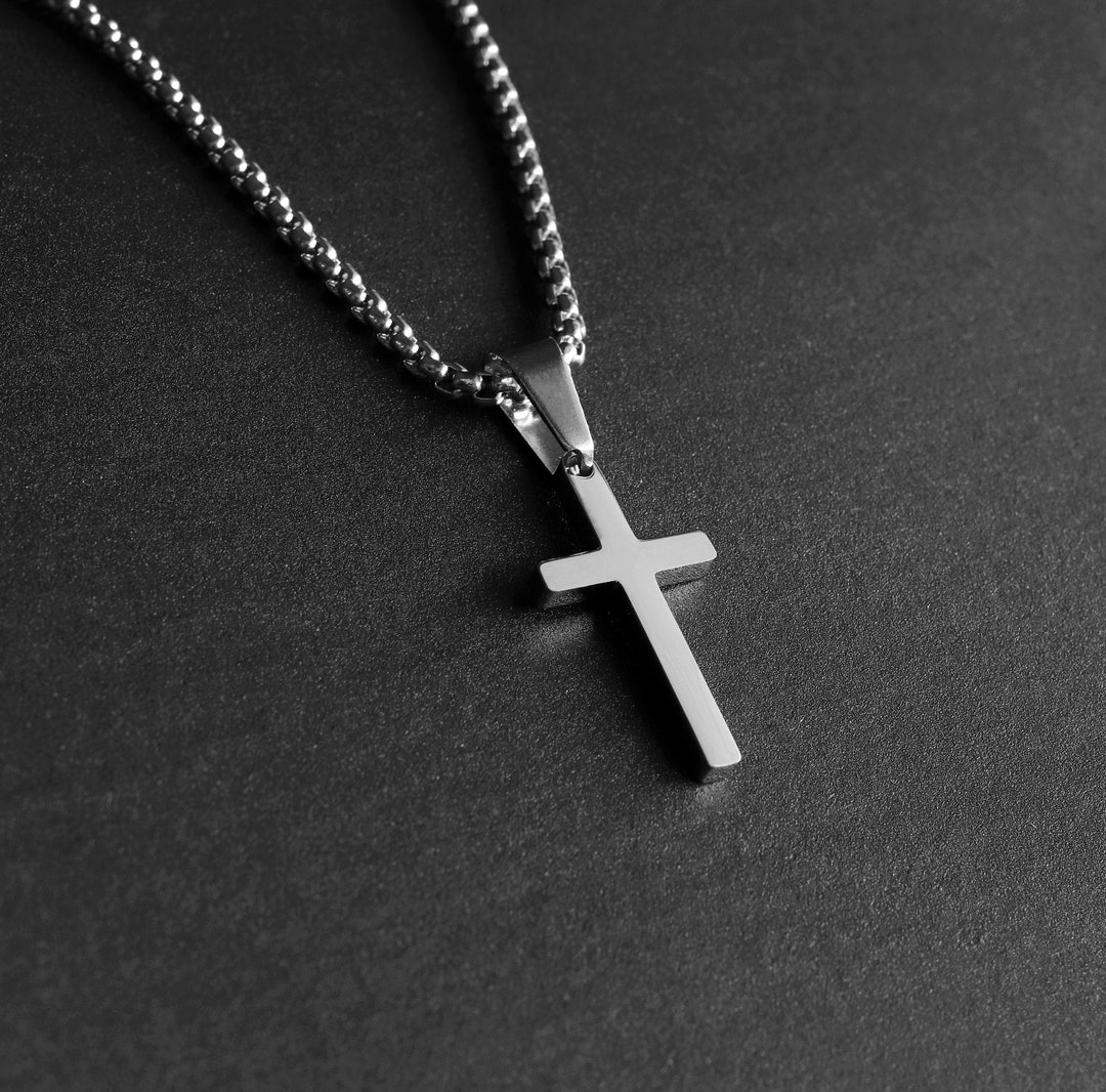 Men's Cross Necklace Silver Cross Necklace Men Small Etsy