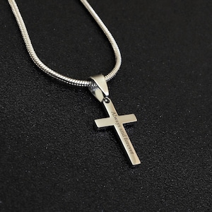 Engraved Stainless Steel Cross Necklace: Personalized Snake Chain Pendant