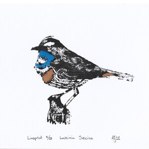 Bluethroat, Luscinia svecica, bird, Handprinted Linoprint image 4