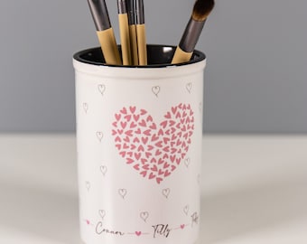 Personalized Ceramic Makeup Brush Holder: Pink Heart Pen Pot