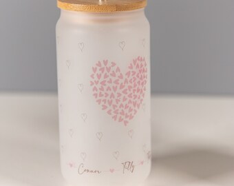 Personalized Frosted Glass Tumbler, Heart Design - Mother's Day Gift