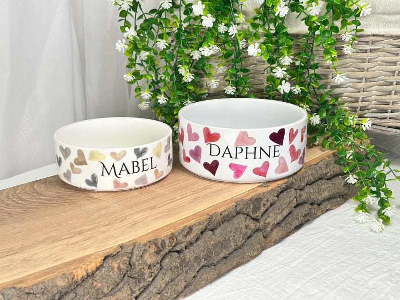 Personalized Ceramic Pet Bowl: Heart Print, Custom Dog or Cat Bowl image 1