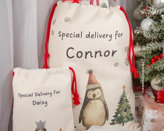 Personalised linen fabric gift sacks in various Christmas designs.  Two different sizes available.