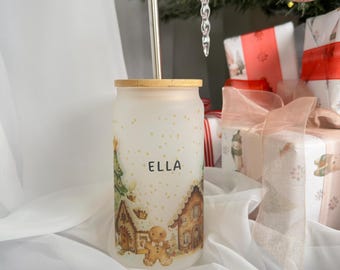 Personalized Christmas Tumbler, Frosted Glass with Gingerbread Scene