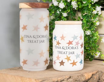 Personalized Star Print Pet Treat Jar: Frosted Glass or Ceramic