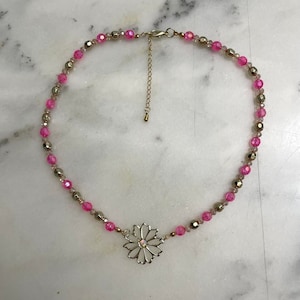 Pink & Golden Flower Beaded Necklace