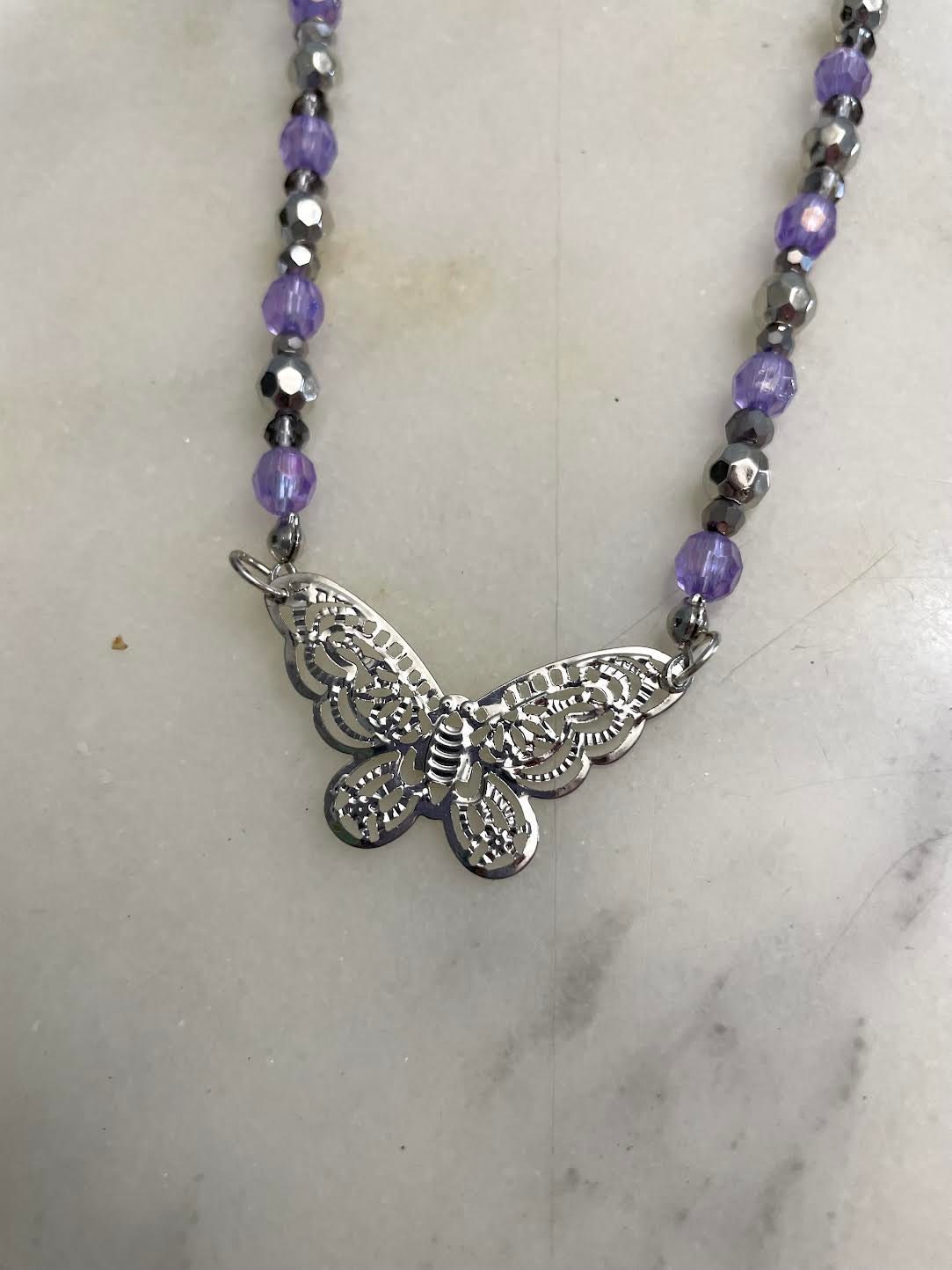 Purple & Silver Butterfly Beaded Necklace - Etsy