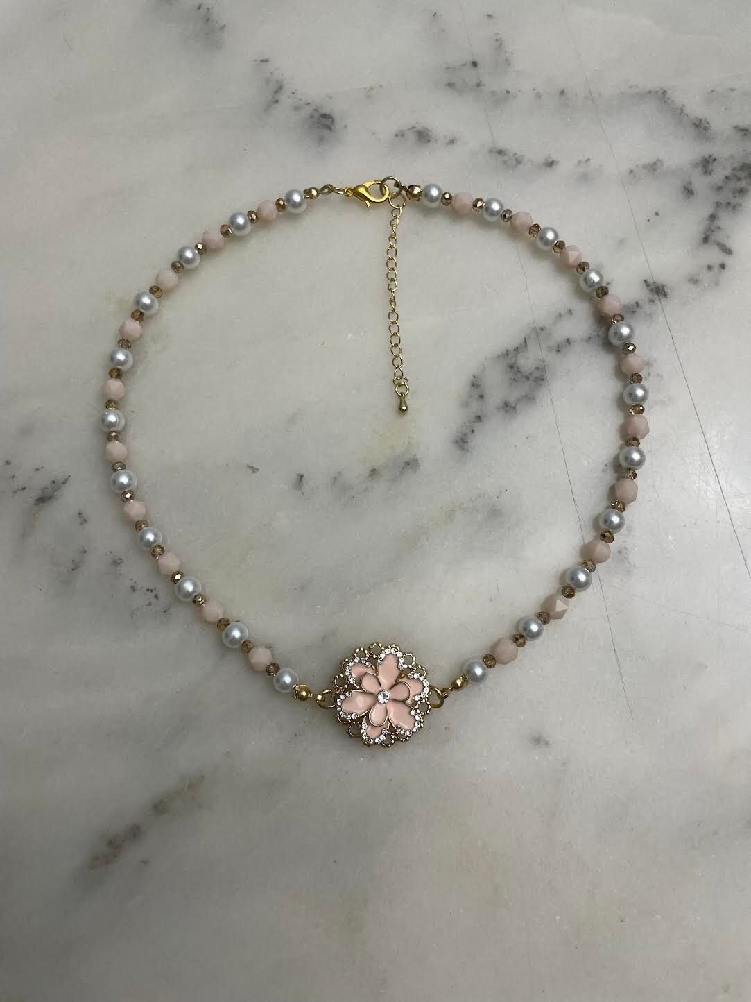 White Pearl & Pink Flower Necklace - Etsy