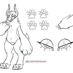 Puede incluir: Dibujo de línea de una criatura peluda con grandes patas, un ala y ojos. La criatura tiene una cabeza grande con orejas puntiagudas y un hocico largo. El dibujo está en blanco y negro e incluye el texto "@corpsepaws".