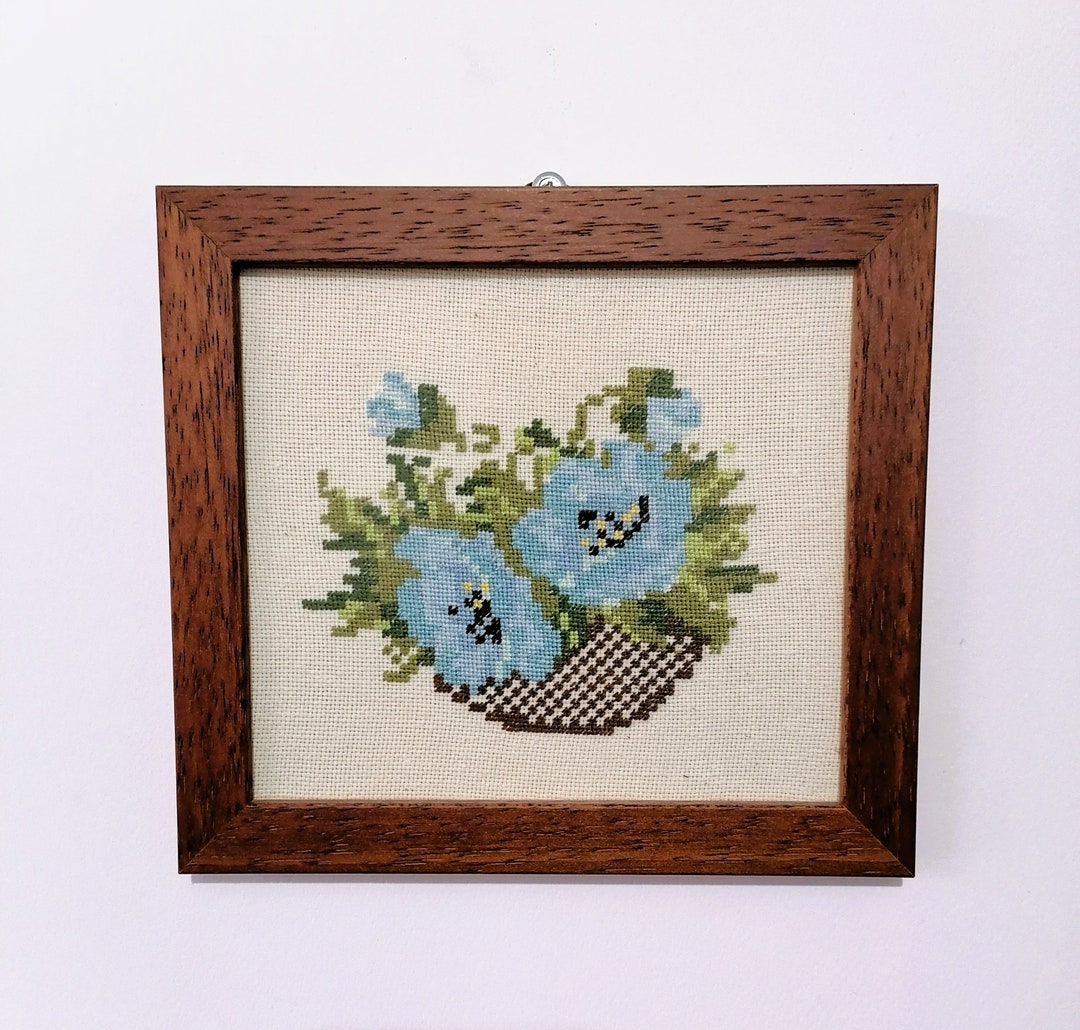Hand Embroidered Tapestry Wall Hanging Blue Flower Gobelin Etsy