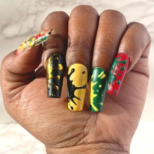 Juneteenth long square press on nails, holiday drip splatter art, gold and matte chrome design, full coverage glue on tips, high quality gel