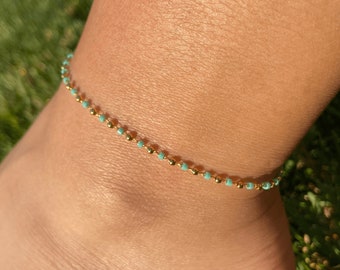 Beaded Anklet / Beaded Gold Anklet / Turquoise and Gold anklet / Gold Chain / Anklets / Colourful Anklet / Vacation Jewellery / Teal Anklet