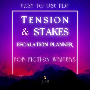 Op de afbeelding: Een digitaal product met een paarse en zwarte gradiënt achtergrond. De tekst luidt "Tension & Stakes Escalation Planner for Fiction Writers" in het wit, binnen een wit rechthoekig kader. De woorden "Easy to Use PDF" staan bovenaan.