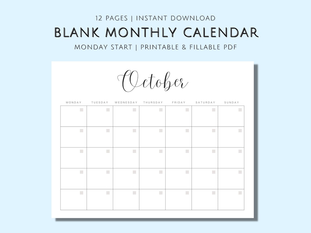 Monthly Blank Calendar (monday Start), Simple Cute Calligraphy Calendar ...