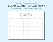 Monthly Blank Calendar (Monday Start), Simple Cute Calligraphy Calendar, 11 x 8.5 inches, Horizontal Calendar, PDF Printable, Download