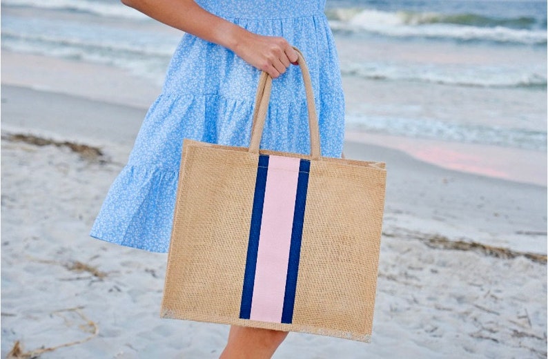 Jute Straw Tote Bag Beach Bag with Pink and Navy Stripes by Milly Kate