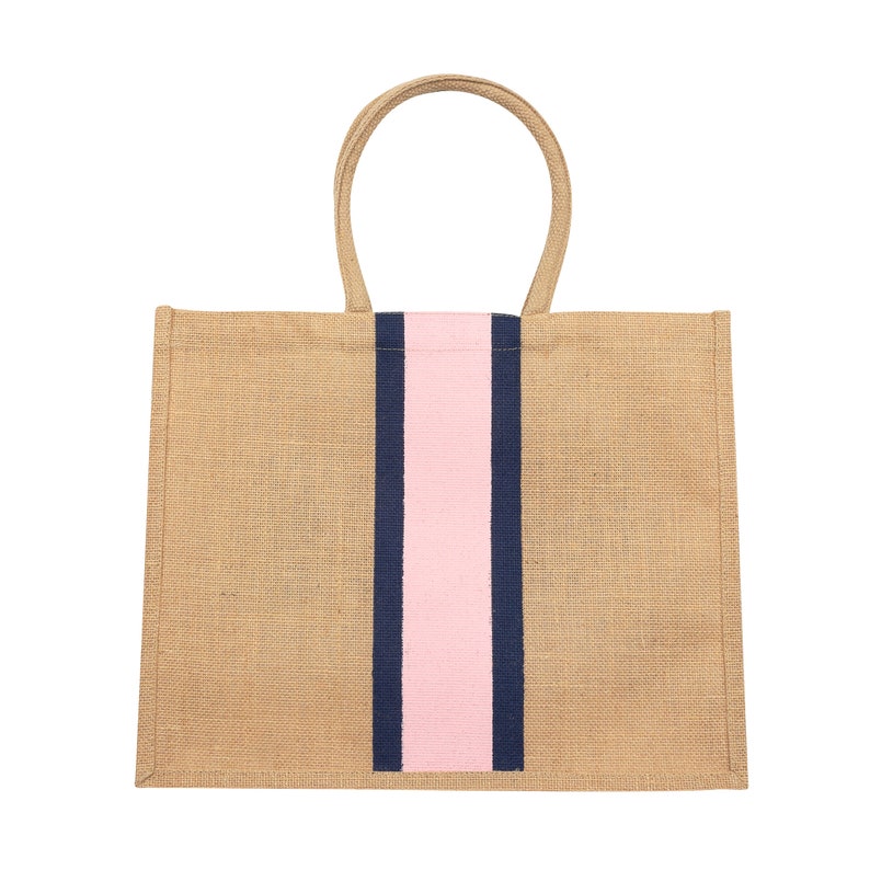 Jute Straw Tote Bag Beach Bag with Pink and Navy Stripes by Milly Kate